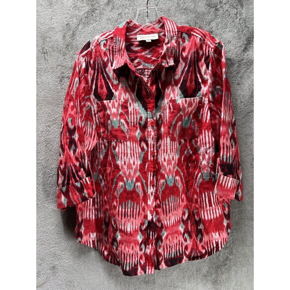 Jones New York Tops - Jones New York Women’s XL Linen Button Top Red Abstract Aztec 3/4 Sleeve Blouse